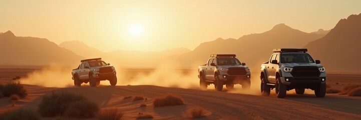 Adventure in motion: a convoy of powerful vehicles traverses a desert landscape at sunset, embodying freedom and excitement for outdoor enthusiasts.