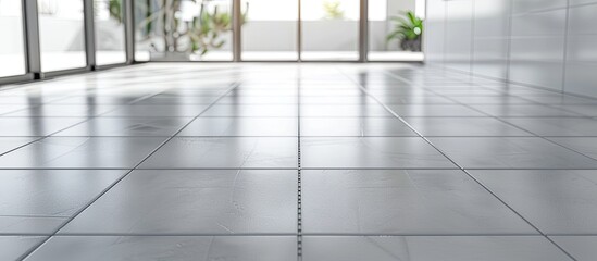 Perspective view of a gray tile floor background with grid line texture suitable for bathroom kitchen or laundry room decor with available empty copy space image