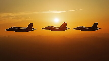 Jet fighters flying in the sky with a sunset background