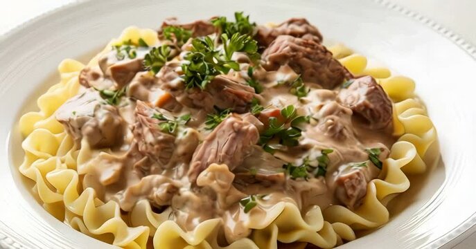 Delicious beef stroganoff served over pasta with fresh herbs and creamy sauce