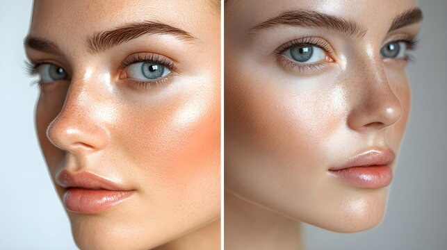 Long-term effects of a facelift, side-by-side facial images showing smoother skin with less visible fine lines and deep wrinkles, Photorealistic, Natural Lighting