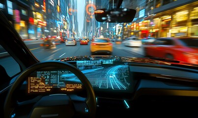 Interior view of a car driving through a busy city at night.