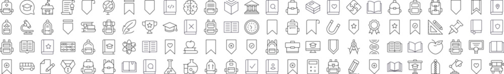 School, College, University Line Icon Collection. Modern Collection for Design, Web Sites, Apps, Cards. Contains Linear Images of Backpack, Bookmark, Book, Clock
