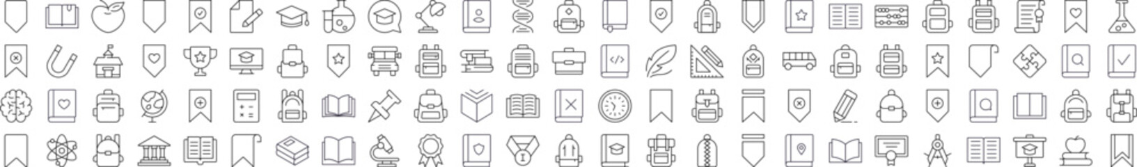 School, College, University Line Icon Bundle. Modern Collection for Design, Web Sites, Apps, Cards. Contains Linear Images of Backpack, Bookmark, Book, Clock