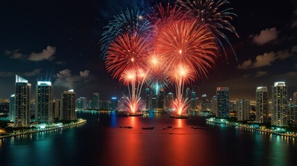A vibrant display of fireworks exploding over a cityscape with tall buildings reflected in the water.
