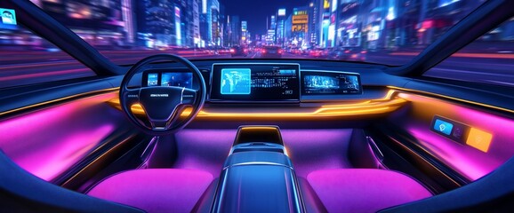 Modern car interior with colorful LED lights and futuristic dashboard, with city skyline visible through the windshield.
