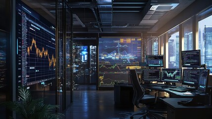 Modern Trading Room with Financial Charts and Screens