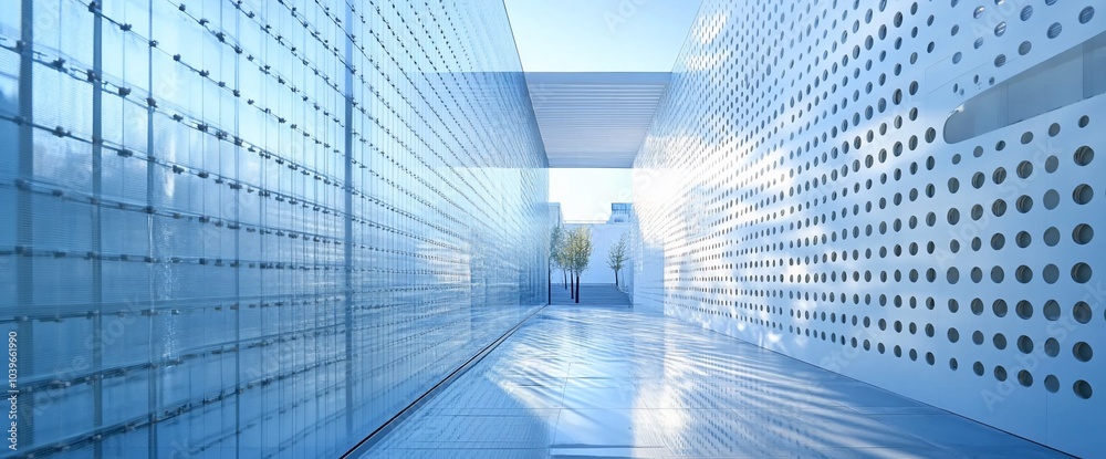 Poster modern hallway with perforated walls and a view of the sky.