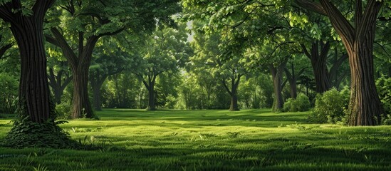 Lush greenery with trees in the park showcasing a scenic view with a copy space image