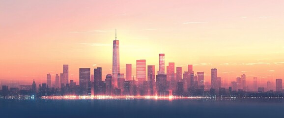 Fototapeta premium City skyline at sunset with skyscrapers reflecting on water.