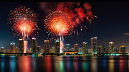 A vibrant fireworks display explodes over a cityscape at night, reflecting in the water.