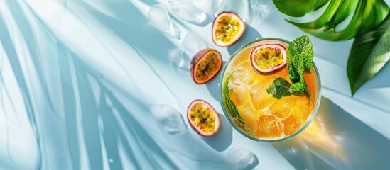Top view of a summer drink with cocktail spritz champagne and passion fruit on a white and blue background with copy space image for a refreshing touch
