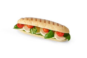 Sandwich isolated on the white table, cheese, lettuce, various vegetables.