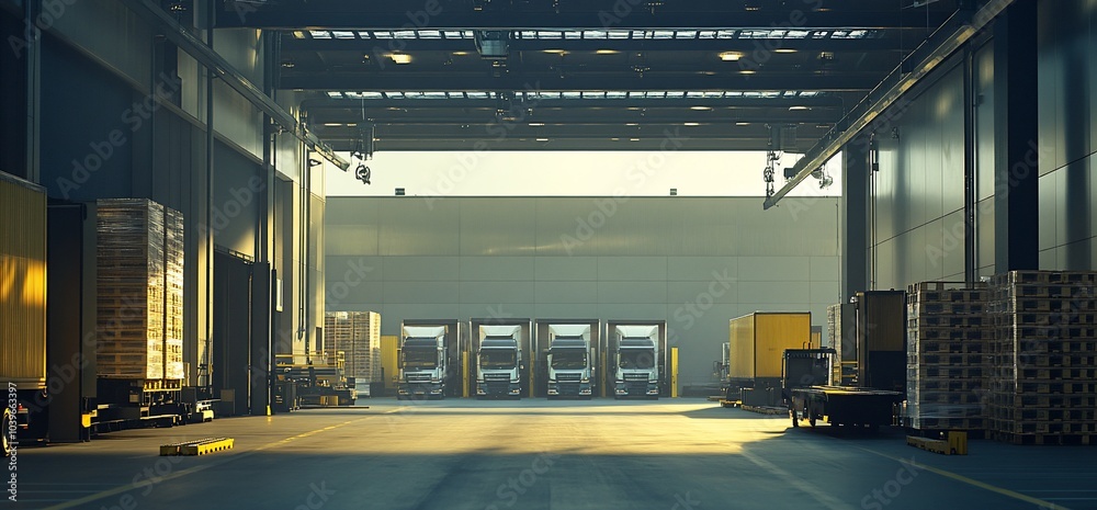 Poster semi-trailers parked in a loading dock.