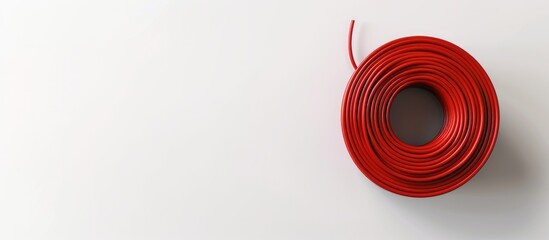 Top view of a spool of red electrical cable on a white backdrop with room for text or design elements in the photo. with copyspace image