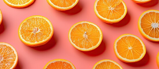 Obraz premium Fresh orange slices arranged in a fruit pattern atop a colored background with copy space image Creative summer concept featuring a half of citrus in a simple flat lay