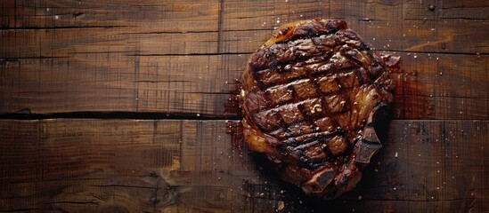Copy space image of a prime cowboy or rib eye steak showing dry aged beef on a wooden background seen from above