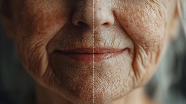 Close-up time-lapse of mouth wrinkles fading over time with anti-aging treatments, ending with a side-by-side before-and-after comparison, Photorealistic, Bright Natural Light