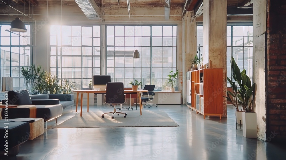 Poster Modern Office Interior with Natural Light and Plants