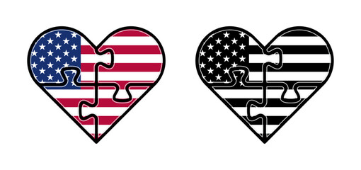 Heart shape color, black and white american flag puzzle vector illustration. Usa flag jigsaw to use for 4th july independence day, memorial day, made in usa concept projects. 