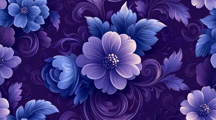 A vibrant floral pattern featuring purple flowers and leaves on a dark background.