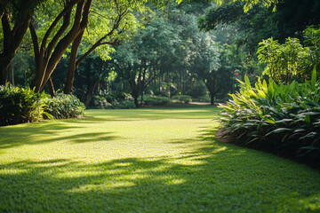 Obraz premium AI-assisted environmental conservation efforts in a lush, green park. A lush green lawn in a park with trees, creating a serene landscape