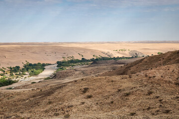 Expansive view of Iona National Park in Angola showcasing arid landscapes and lush greenery along the river in the distance