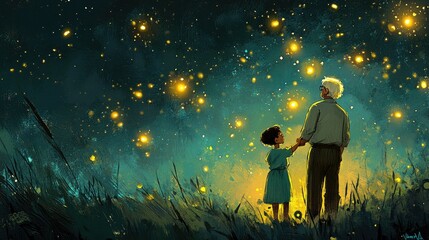 Old man and his granddaughter admiring starry night painted brush strokes