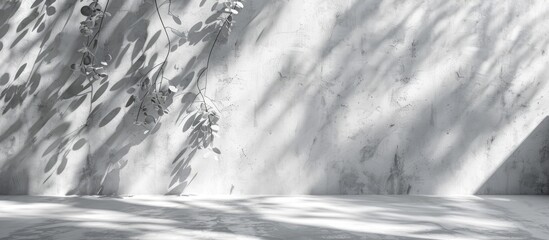 White concrete forms the floor and walls with shadows cast by leaves and branches creating a natural pattern with light gray shades and copy space in the perspective view