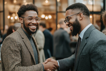 Two businessmen shaking hands and smiling at a networking event with people socializing in the background
