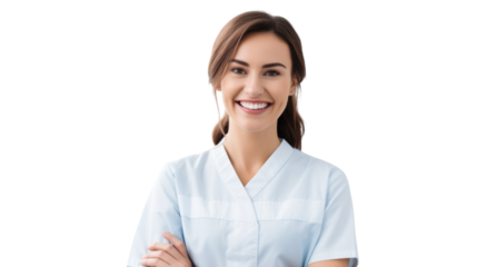 Smiling female dentist looking at camera. Isolated from the white background.