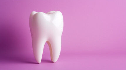 A white molar tooth, finely detailed with smooth enamel, standing upright on a pastel lilac background, emphasizing dental health and educational focus on oral anatomy.