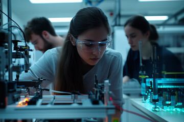 Engineers developing and testing new AI systems in a high-tech lab environment. A diverse group is working on a complex machine in a lab