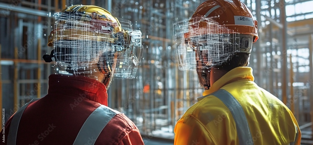 Poster Two construction workers wearing hard hats with augmented reality overlays, visualizing a building plan.