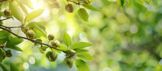 Caucasian Walnut or Pterocarya Fraxinifolia tree branches with fruit in the park or garden belonging to the Juglandaceae family in a copy space image