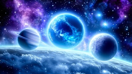 Fototapeta premium An artist's depiction of a solar system featuring three planets up front and starry backdrop
