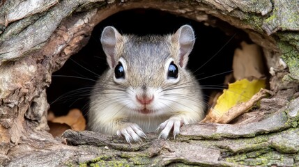  A tight shot of a small rodent peering from a tree trunk hole, surrounded by fallen leaves