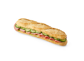 Sandwich isolated on the white table, cheese, lettuce, various vegetables.