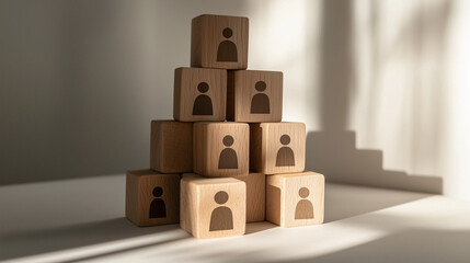 A collection of wooden blocks with icons of people, stacked unevenly on a light background, symbolizing the diverse roles individuals play within a social ecosystem.