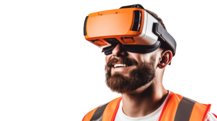 Worker wearing virtual reality glasses isolated from the white background.