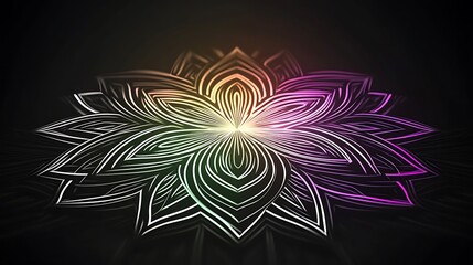 A modern neon mandala with intricate glowing lines in vibrant green, pink, and purple, set against a deep black background. The bright neon colors glow intensely,