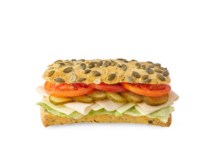 Sandwich isolated on the white table, cheese, lettuce, various vegetables.