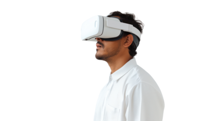 Teenager boy wearing virtual reality glasses
isolated from the white background.