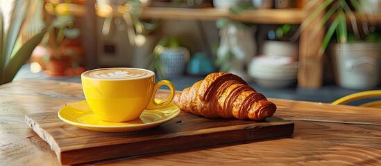 French breakfast setting with a yellow cup of coffee a croissant on a plate on a wooden board ideal for coffee breaks including a croissant and coffee with copy space image