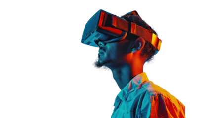 Worker wearing virtual reality glasses isolated from the white background.
