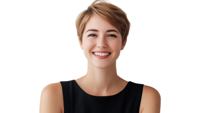 Beautiful woman, short hair, confident, isolated from the white background.