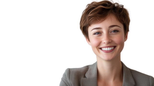 Beautiful woman, short hair, confident, isolated from the white background.