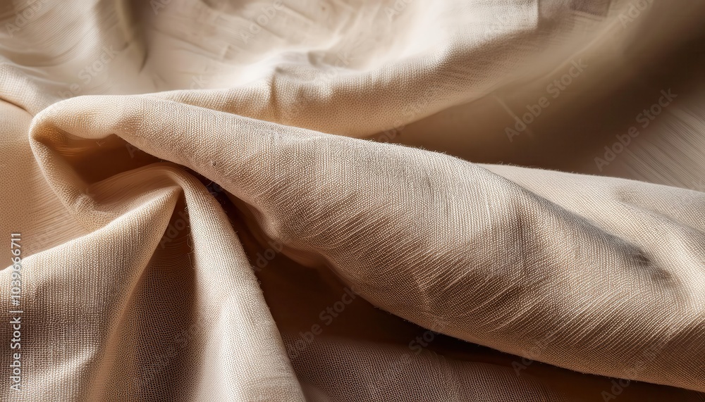 Poster close-up of soft beige linen fabric with intricate weave and natural folds – ideal for minimalist in