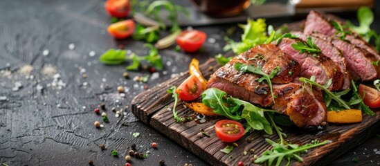 On the table there is a fresh appetizer consisting of a smoked meat magret and a salad with duck breast making for an enticing meal with a food background and copy space image