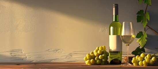 Fototapeta premium White wine bottle with glasses and grapes on a table all set against a blank background for copy space image